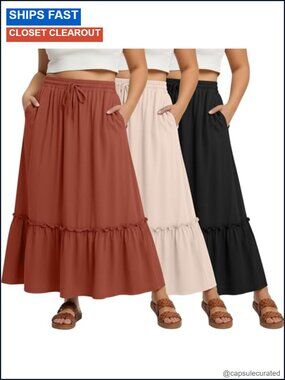 Plus Size Boho Maxi Skirts 3 Pack Tiered Ruffle Pocket Drawstring